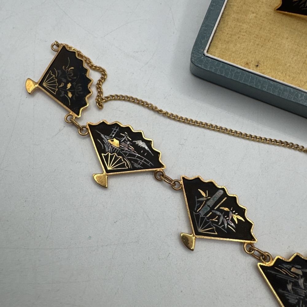 Vintage Japanese Amita Damascene Necklace & Earrings Set 24k Gold Inlay W/ Box - Picture 4 of 9